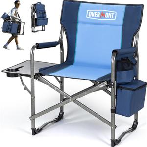Overmont Oversized Lightweight Camping Chair - Comfortable Heavy Duty Foldable Directors Chairs with Side Table & Cooler Bag for Outside Camp Beach Picnic Lawn and Fishing Supports 400lbs (Blue)