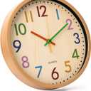 Kids Wall Clock Silent Non-Ticking Colorful Childrens Clock Round Decorative Wall Clocks for Classroom, School, Office, Bedroom, Living Room, Kitchen (Bamboo Grain, 12 inch)
