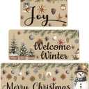 Layhit 3 Pcs Holly Ornament Retro Christmas Kitchen Rugs and Mats Set Netural Xmas Kitchen Mat Merry Christmas Pinecone Snowman Rugs for Xmas Party Home Decor 20'' x 59'', 20'' x 47'', 20'' x 32''