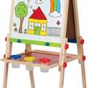 Hape E1010 Magnetic All in 1 Kids Height Adjustable Drawing Dry-Erase Chalkboard Wooden Artist Easel with 3 Paint Pots and Refillable Paper Roll, "L: 18.9, W: 15.9, H: 41.8 inch"