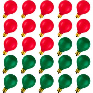 25 Pack G40 Red Light Bulb Green Light Bulb Ceramic Incandescent 5 Watt E12 Base G40 Light Bulbs Replacement for String Lights Colored Bulb Candelabra Based Red Bulb Green Bulb Christmas Bulb
