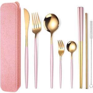 AARAINBOW 8 Pieces Stainless Steel Flatware Set Portable Reusable Cutlery Set Travel Utensils Set Including Chopsticks Knife Fork Spoon Straws Cleaning Brush Dishwasher Safe (Pink Golden) AARAINBOW 8 Pieces Stainless Steel Flatware Set Portable Reusable Cutlery Set Travel Utensils Set Including Chopsticks Knife Fork Spoon Straws Cleaning Brush Dishwasher Safe (Pink Golden)