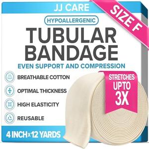 JJ CARE Tubular Bandage, 4” x 12 Yards Stockinette Tubing for Legs and Knees, Tubi Grip Size F Reusable Elastic Bandage Sleeve, Compression Tubes for Knees and Thigh, Rubber Latex w/Cotton