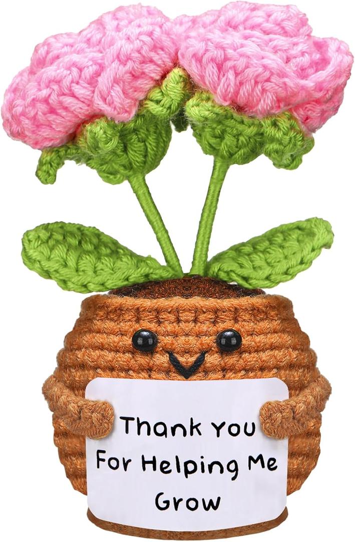 Wavwavw Teacher's Day Appreciation Gifts Thank You for Helping Me Grow Handmade Crochet Flower Doll with Card for Teacher Graduation Gifts Office Decor(Pink Rose Flower)