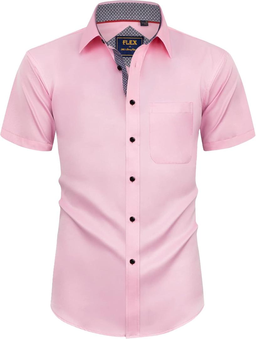 Alimens & Gentle Mens Short Sleeve Dress Shirts Wrinkle Free Solid Casual Button Down Shirts with Pocket (Small, Pink)