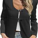 Cicy Bell Womens Cropped Blazer Jacket Long Sleeve Work Trendy Casual Tops Double Buckle Collarless Jackets (Small, Black)