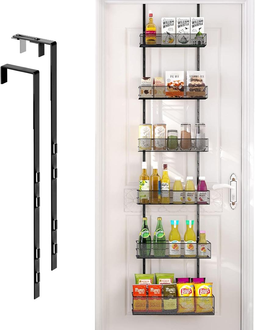 Over the Door Pantry Organizer - 6-Tier Mesh Basket Hanging & Wall Mounted Pantry Door Organizer, Over the Door Spice Rack with Adjustable Hooks for Kitchen, Bathroom, Bedroom, Storage Room (Black)