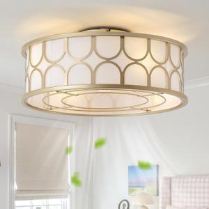 20" Gold Flush Mount Ceiling Fans with Lights, Boho Ceiling Fan with Light and Remote, Rattan with 6 Speeds for Bedroom, Nursery, Living Room, Small