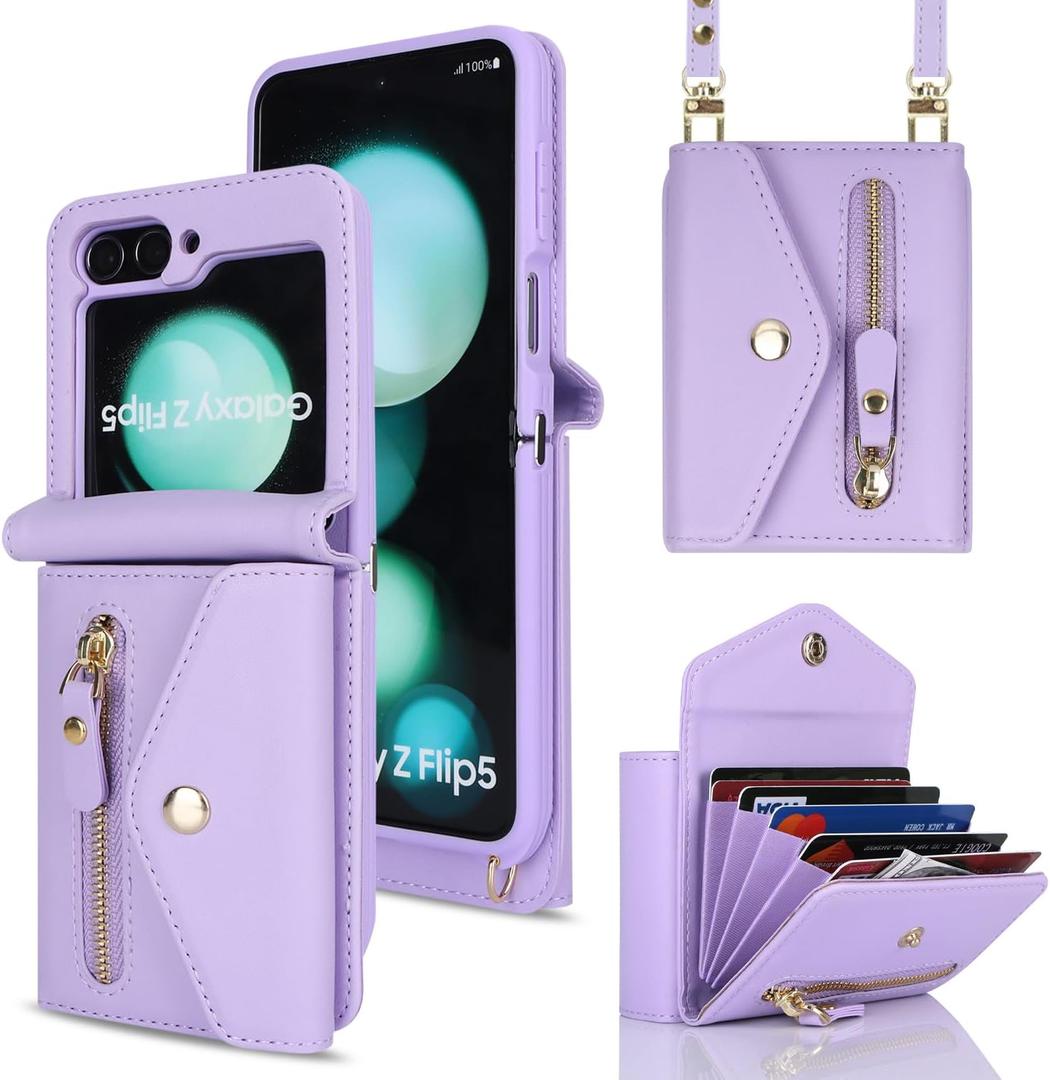 Cavor for Samsung Galaxy Z Flip 5 Case Wallet with Wrist Crossbody Strap Lanyard Card Holder Stand Shoulder Slot,Z Flip 5 Phone Case Cute,Anti-Drop,Leather Zipper Pocket Shockproof Case-Purple