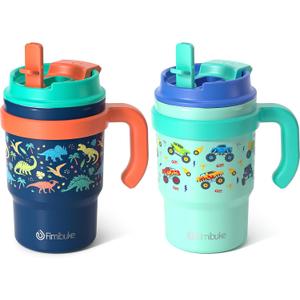 Fimibuke 16oz Kids Insulated Tumbler with Handle & Straws - 2 Pack BPA FREE 18/8 Stainless Steel Toddler Cups with Sip/Swig 2-in-1 Lids, Leak Proof Kid Drinking Cup Travel Mugs for Children Boys Girls (B4.Dinosaur & Monster Car)