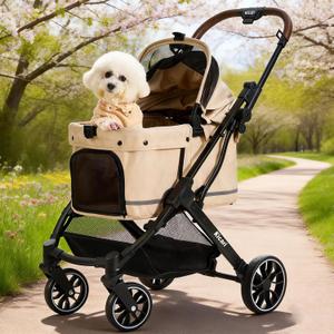 All-Terrain Dog Stroller for Small to Medium Dogs, Pet Stroller for Dogs & Cats Outdoor Walks, One-Hand Easy Fold, Double-Layer Anti-UV & Waterproof Canopy & Breathable Mesh, Vanilla Beige
