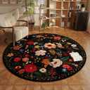 Rugcomf Round Rug 4ft Washable Circle Rug Non Slip Low Pile Boho Floral Small Circular Rug for Bedroom, Bathroom, Entryway, Kids Room, Office, College Dorm(Black)