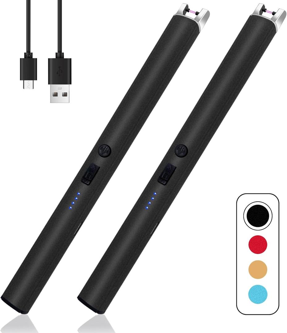2 PCS Candle Lighter,Windproof Flameless Electric Lighter with LED Power Display Safety Switch, Upgraded Plasma USB Rechargeable Lighters for Birthday Camping BBQ (Black)