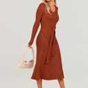ANRABESS Womens Long Sleeve Fall Dress 2025 V Neck A-line Tie Waist Ribbed Knit Bodycon Midi Sweater Dresses Rust Small