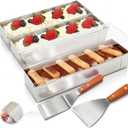 Blushtier 3 Pc Nonstick Rectangle Tiramisu Cake Pan with Acrylic Lid and 2 Metal Spatula Removable Frame 304 Stainless Steel Cake Baking Molds for Tiramisu Cheesecake Mousse (11.81 x 3.94 x 2.56 Inch)