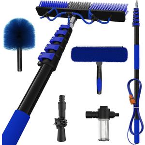 30Ft Reach Solar Panel Cleaning Brush Kit with 5-24ft Telescoping Pole, Water Fed Window Cleaner Tool with 20" Brush, Soap Dispenser, Cobweb Duster, Squeegee for Roof, RV, Gutter, Boat, Deck