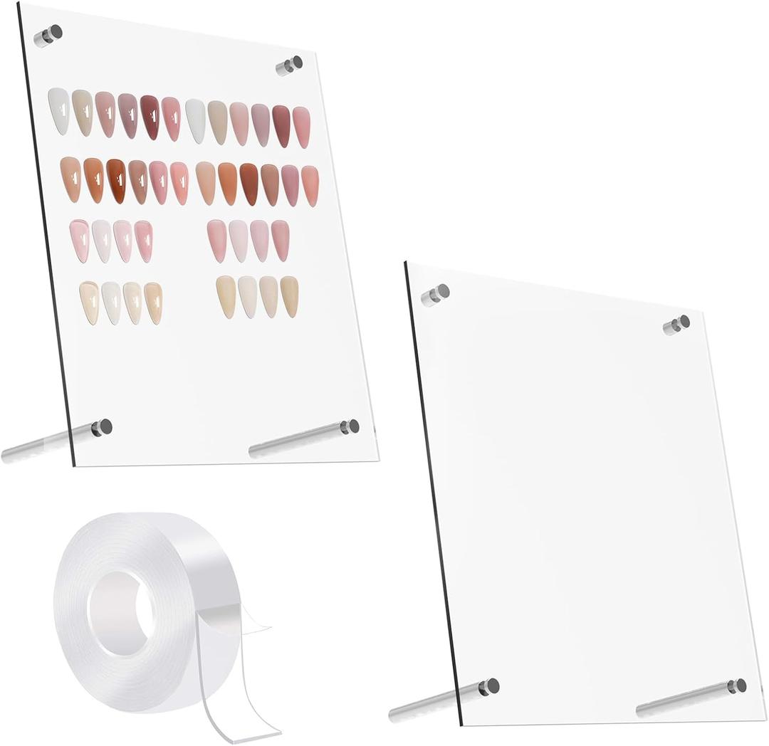 2 PCS Transparent Nail Art Display Board, Large Acrylic Display Polish Board False Nail Tips Sample Display Holder Nail Color Nail Practice Board with Double Sided Tape For Salon 13.4 x 9.8 Inches