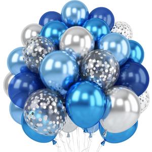 2 x Blue Silver Balloons Set, 12 Inch Blue and Silver Balloons Dark Navy and Confetti Party Latex Balloon, Macaron Metallic Baby Blue Mixed Balloon for Birthday Graduation Baby Shower Wedding Retirement