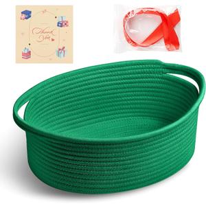 Bufims Small Woven Green Gifts Basket for Storage Empty with Ribbons and Bags Durable Cute Gifts 12"X 8" X 5" Small Rope Basket for Gifting