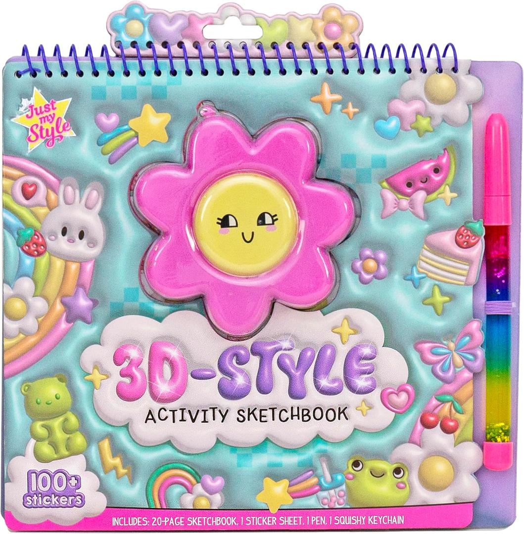 Just My Style 3D-Style Activity Book, 30 Pages of Coloring Activities, Includes Sticker, Glitter-Filled Pen, & Bonus Flower Keychain, Squishy 3D Cover, Drawing Pad for Kids, Sketchbook for Drawing (Multi)