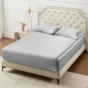 Bedsure Satin Fitted Sheet Only King Size - Silk Bed Sheet, Luxury & Ultra Soft, Non-Fading & Wrinkle Free, Good for Skin (Silver Grey, 78x80+15 Inches, 1 Piece, No Pillowcases)