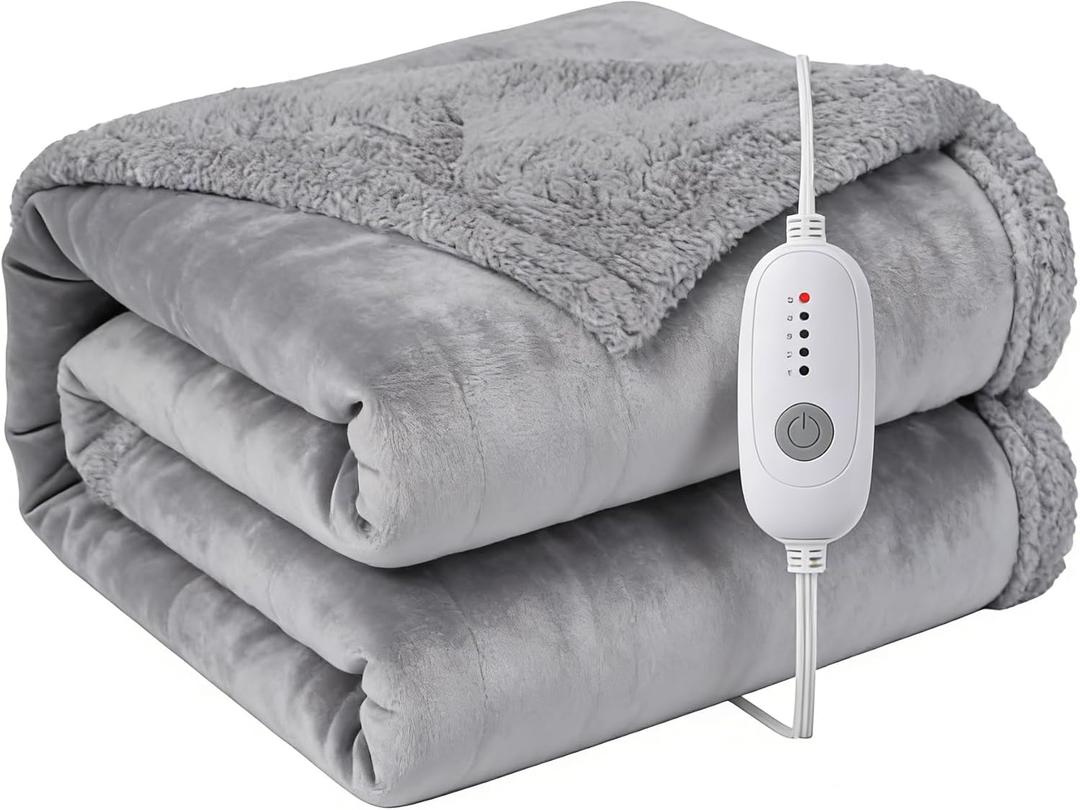 Electric Heated Blanket Full 72"x84"- 5 Heat & 10H Auto-Off, ETL Certified, Microplush Flannel & Sherpa, Same Color Both Sides, Machine Washable, Overheat Protection, Gifts for Home/Bedroom/Sofa, Gray (02-light Grey)