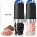 UNNEES Battery Operated Gravity Electric Salt and Pepper Grinder Set, Automatic Salt and Pepper Grinder Set, Adjustable Roughness,12 Batteries Required, LED Light, 2 Pack, (Black)