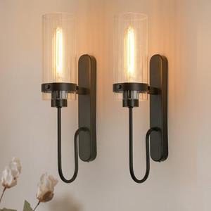 cancomzone Bathroom Sconces Set of 2, Black Modern Vanity Lights with Clear Glass Shade, Indoor Farmhouse Wall Sconce for Living Room, Bedroom, Hallway, Stairwell and Kitchen