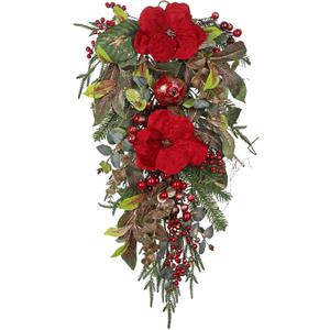 Briful Red Magnolia Christmas Swag 29.5 Farmhouse Christmas Teardrop with Red Pomegranate & Berries, Hanging Xmas Door Swags for Front Door, Fireplace Mantel, Outdoor Holiday Decor