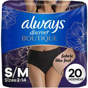 Always Discreet Boutique Incontinence and Postpartum Underwear for Women, Maximum Protection, S/M, Black, 20 Count (Packaging May Vary)