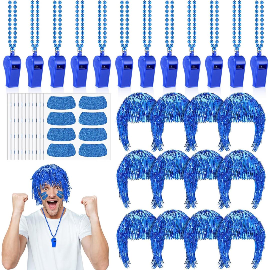 Realspring 124 Pcs Blue School Spirit Items Bulk Team Spirit Week Accessories Include Foil Wig Fits Whistles Eye Black Sticker for Sporting Events