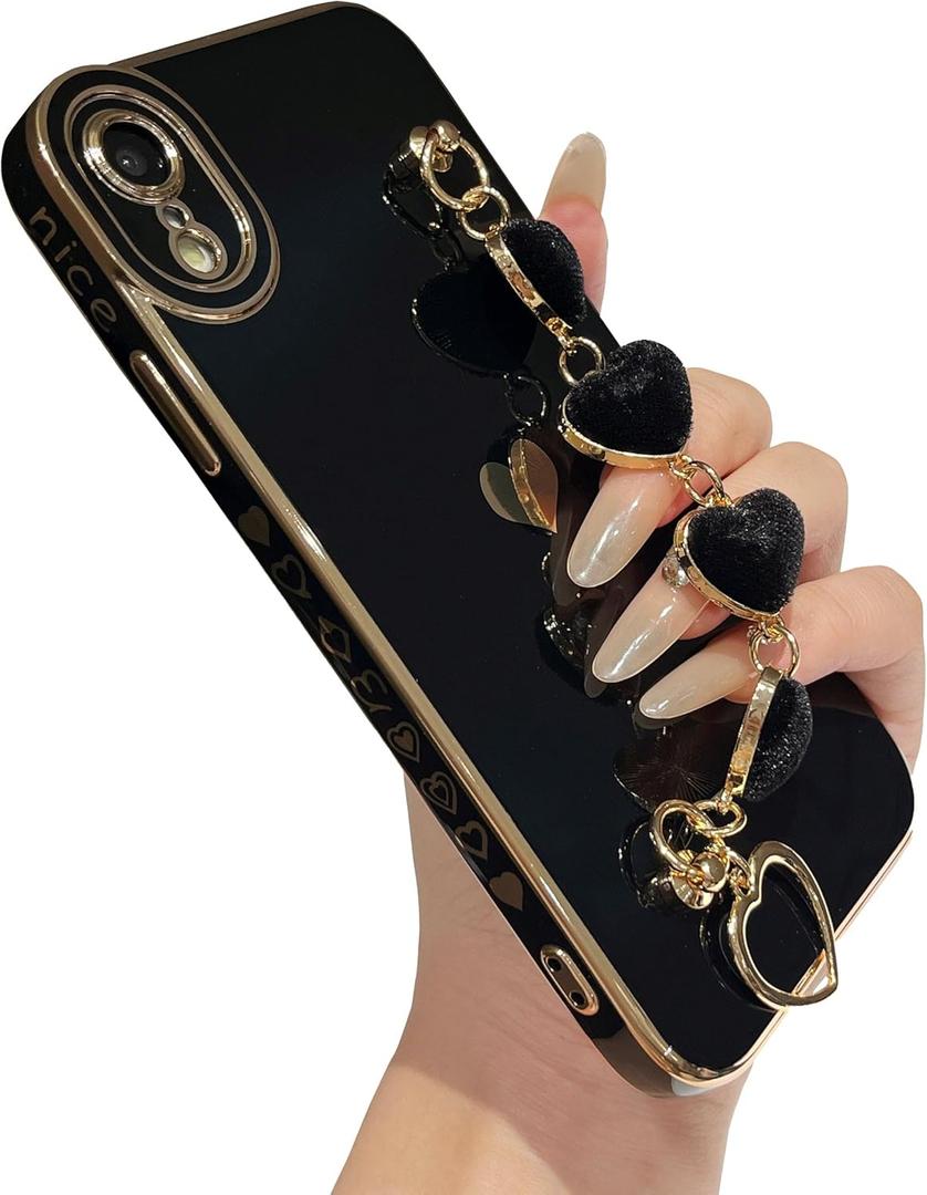 Caseative for iPhone Xr Case,Cute Plating Love Heart Wrist Strap Chain Bracelet Phone Case (Black)