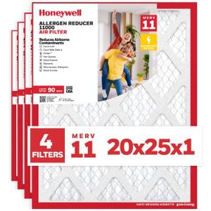 Honeywell 20x25x1 MERV 11 Allergen Reducer 11000 Electrostatic Pleated HVAC AC Furnace Air Filter (4-Pack) | Replacement Filter for Home Use | Made in USA