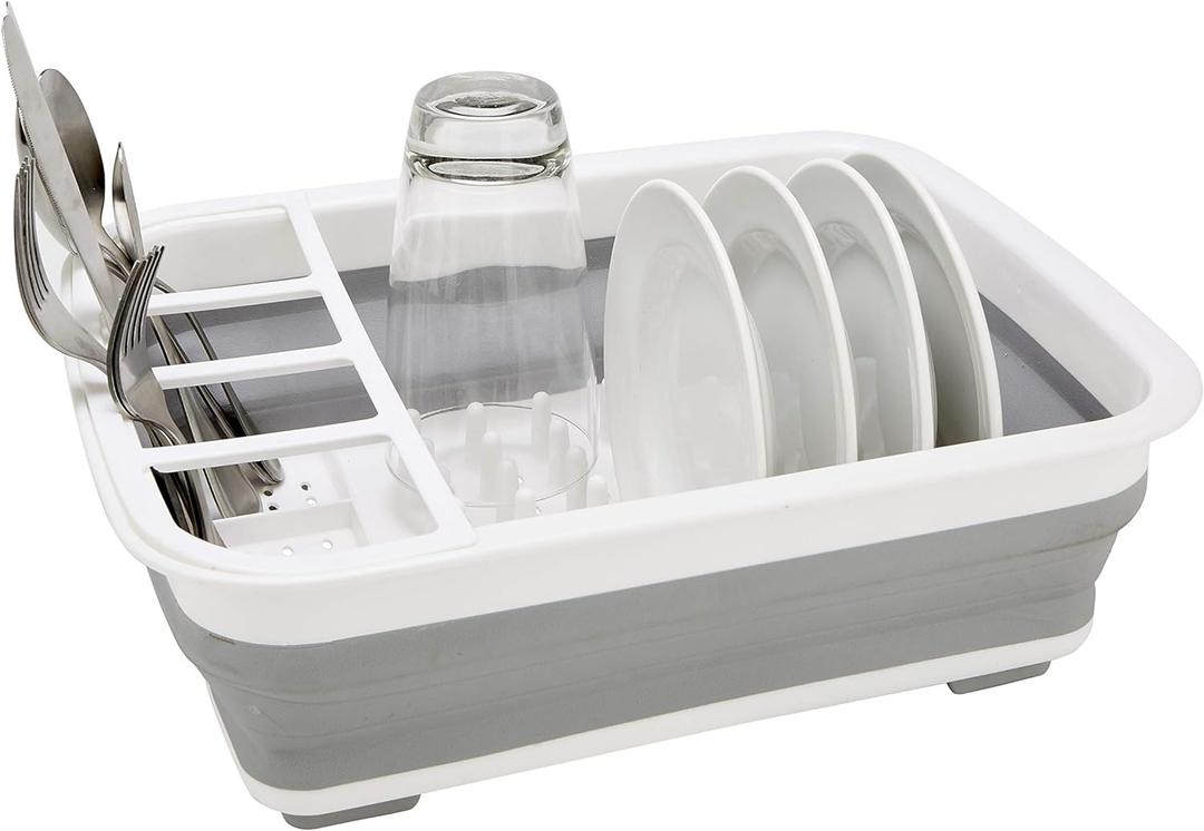 Kitchen Details Collapsible Dish Drying Rack | Space Saver | Aerated Bases Drain Holes | Plates, Bowls, Utensils Compartments | Countertop and Sink Storage | White/Grey