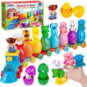 ESPRAY Toddler Learning Toys for 1 2 3 Years Old, Count Matching & Sorting Montessori Farm Train Set with 8 Farm Animals & 1 Farmer Finger Puppets, Christmas Easter Birthday Gifts for Baby Boys Girls