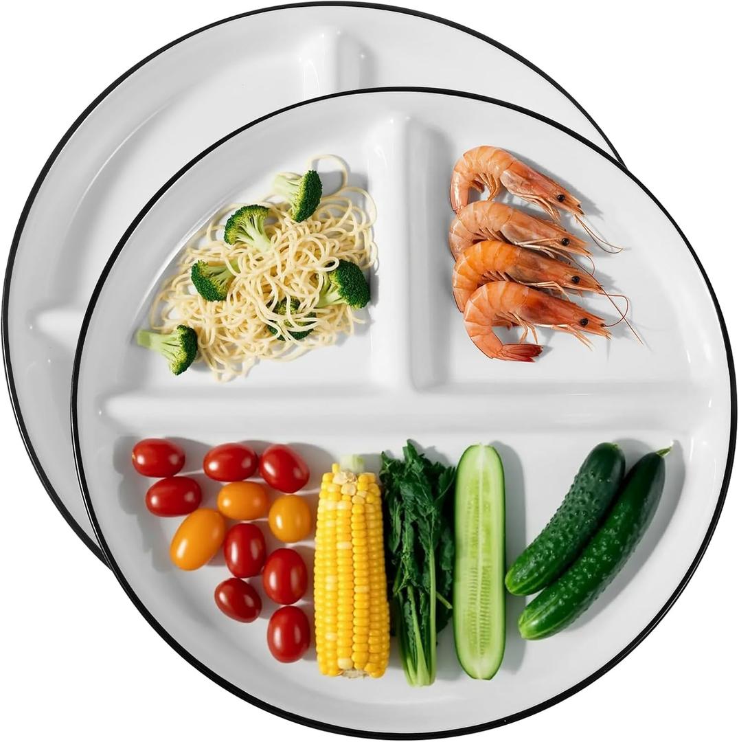 2Pcs Porcelain Division Dinner Plates, 9 Inch 3 compartment Divided Plates for Adults for Balanced Meals, Diabetes and Weight Loss