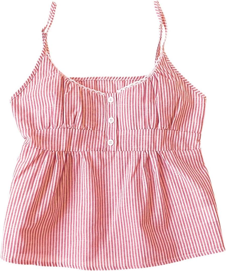 Women's Striped Button Front Flared Camisole Tops Shirred Spaghetti Strap Tank Top (Pink, M)