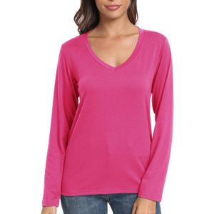 PRIMODA Women's V Neck Long Sleeve Shirts Classic Loose Fit T Shirt Top (Pink, M)
