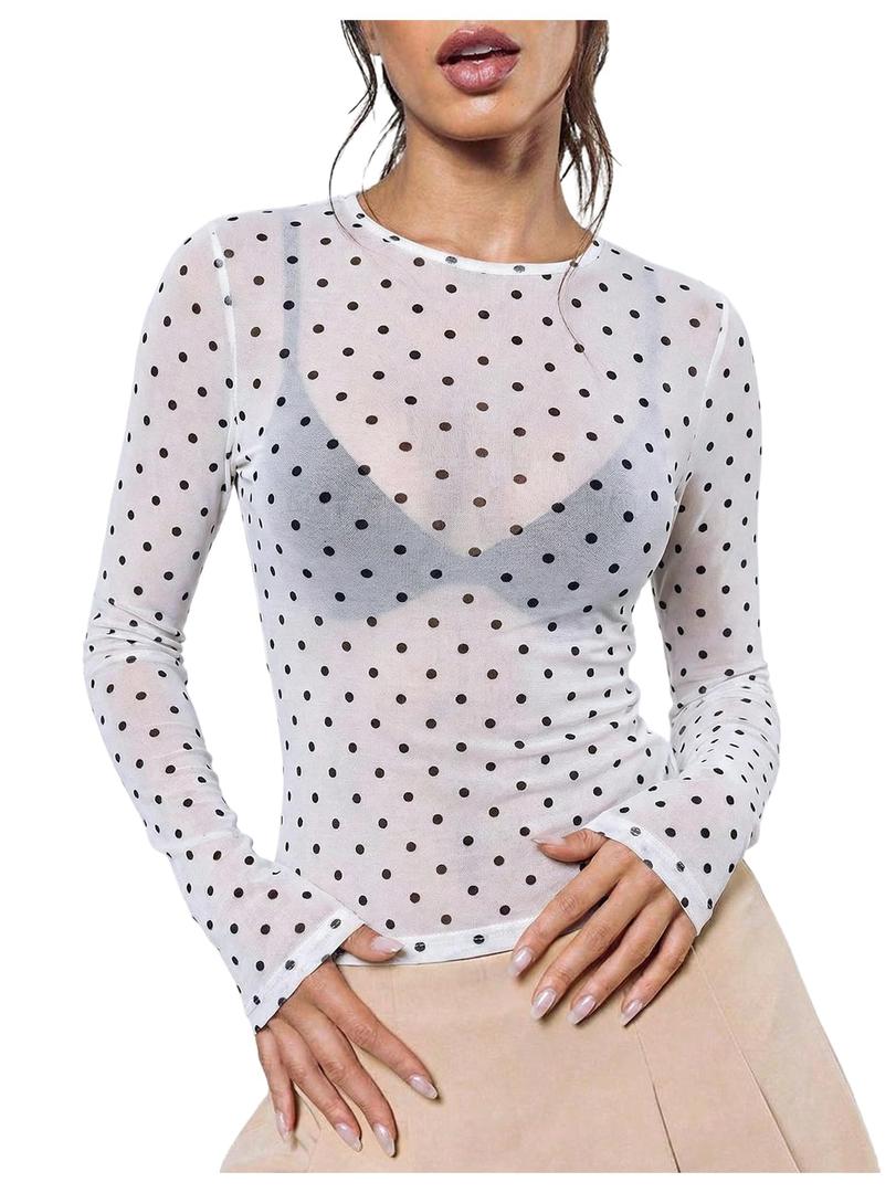 RoseSeek Women's Sheer Mesh Long Sleeve T Shirts Going Out Tops (White, L)