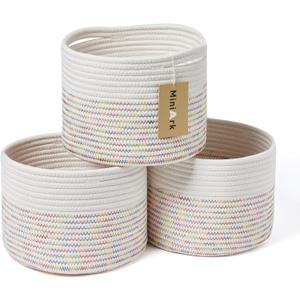 Small Basket for Organizing | Cube Shelf Closet Storage Baskets | 9.79.77.1 | Woven Rope Gift Basket | Nursery | Round 3 Packs Rainbow (L9.7W9.7H7.1, Rainbow Stitches/Off White)