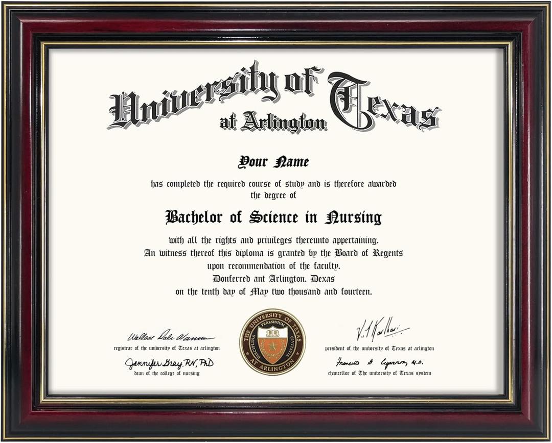 GraduationMall 8.5x11 Certificate Diploma Frame, Solid Wood & Tempered Glass, Glossy Cherry Finish with Gold Trim