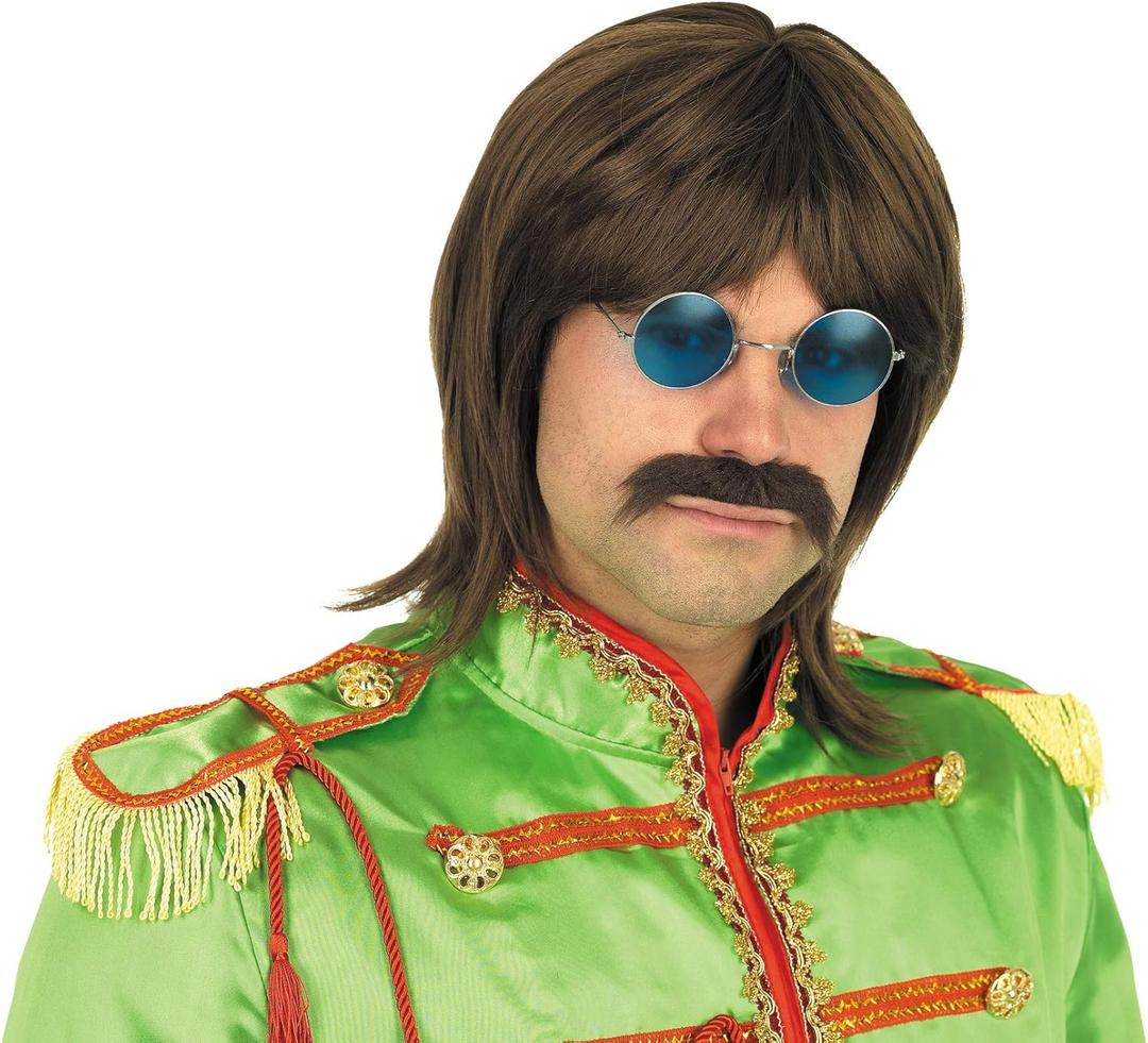 fun shack Brown Wig for Men, 70s Disco Party Wig, Rock Band Cosplay Wig with Mustache, 60s Retro Style, One Size