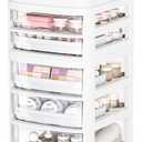 Rolling Cart with 5 Drawers, Clear Plastic Drawer Organizers, Dust Proof Under Desk Storage for Makeup, Skincare, Art Crafts and Baby Items, Acrylic Cosmetic Organizer with Dividers, Vanity Cart