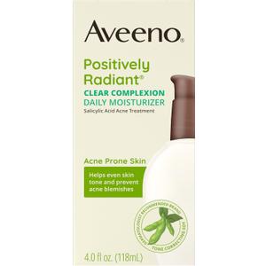 Aveeno Positively Radiant Clear Complexion Face Moisturizer, Acne Facial Moisturizer with Soy and Salicylic Acid for Oily Skin, Hypoallergenic Formula, Paraben-Free, Non-Comedogenic, Pump, 4 FL OZ