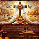 Fall Thanksgiving Backdrop Banner Fall for Jesus Theme Outdoor Decorations 71x43 Inchs Sunflower Pumpkins Backdrop Cross He Never Leaves Banner Party Supplies Yard Decor