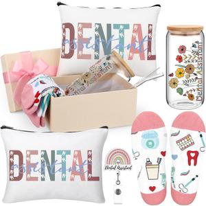 Skylety 5 Pcs Christmas Dental Assistant Gifts Women Dentist Gift 16oz Cup Socks Cosmetic Bag Badge Holder Dental Hygienist Appreciation Gift Box for Dentals Assistant Accessories Birthday Graduation