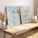 2Pcs Oyster Shell Wall Art Funky Bar Cart Cocktail Wall Decor Pictures Pastel Blue Wine Champagne Posters Print Girly Coastal Aesthetic Beach House Apartments Decoration Unframed 12x16in
