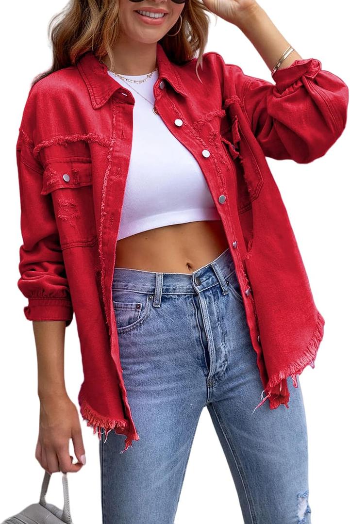 Perbai Womens Oversized Ripped Denim Jacket Frayed Hem Button Front Boyfriend Jean Coat Western Shacket with Pockets, XL