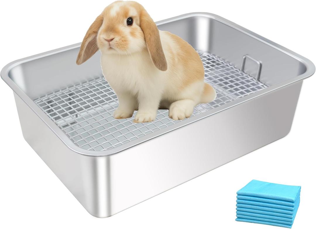 Stainless Steel Rabbit Litter Box,Bunny Litter Pan with Widened Grid,Toilet Tray,High Back Wall,Deep Waste Storage (Medium)