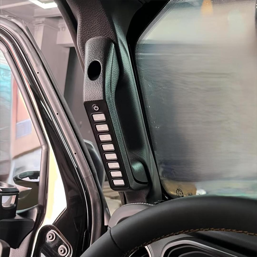 Voswitch JL810 Grab Handle 8-Switch Panel System for Jeep Wrangler JL & Gladiator 2024+, Patented A-Pillar Mount, 100A Power Distribution, RGB Backlight, Master Mode & Flash Strobe